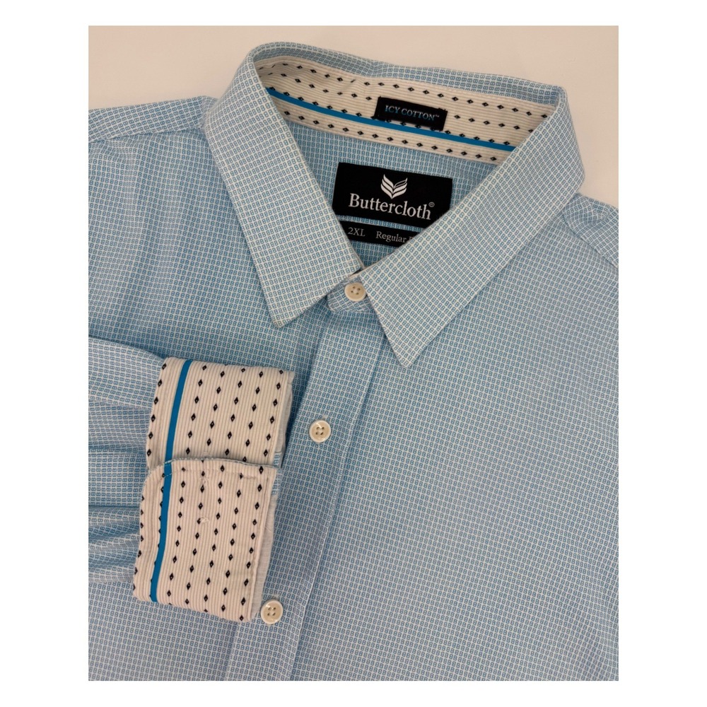 Buttercloth Shirt Mens 2XL Blue Geometric Icy Cotton Stretch Button‎ Up